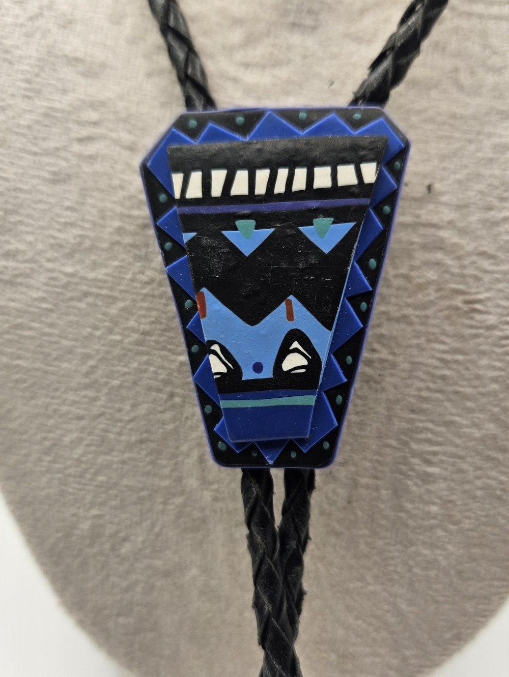 Handmade Signed Geometric Bolo Tie Vintage Blue & Black Southwest Braid Cord